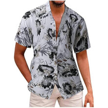 (XL, White) Mens Hawaiian Shirts Flower Print Cuban Guayabera Shirt Beach Tropical Hawaii Shirt Printed Poplin Shirt