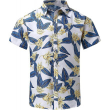 (L, Sky Blue) Mens Hawaiian Shirts Flower Print Cuban Guayabera Shirt Beach Tropical Hawaii Shirt Printed Poplin Shirt