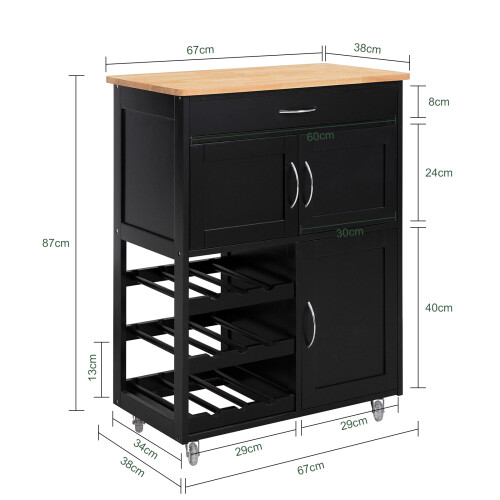 SoBuy Black Kitchen Storage Trolley with Wood Worktop 2