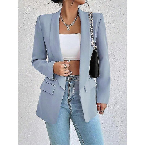 (M, light blue) Women's Lapel Pockets Blazer Suit Long Sleeve Work Office Jacket