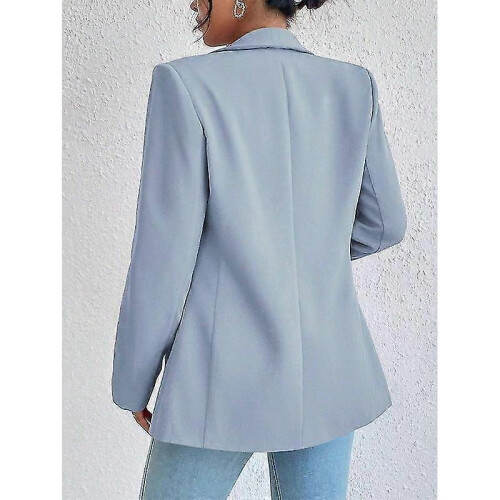 (S, light blue) Women's Lapel Pockets Blazer Suit Long Sleeve Work Office Jacket 2