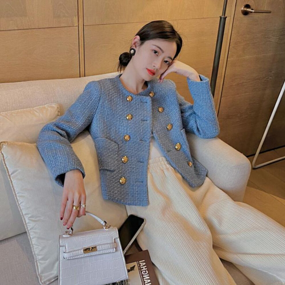 (blue, XL) New Autumn Winter Tweed Jackets For Women Elegant O-neck Long Sleeve Wool Blends Coat Ladies Solid Outwear