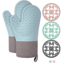 Silicone Oven Mitts Heat Resistant, Oven Mitts And Pot Holders Sets, Kitchen Mittens 5 Piece Set, Oven Gloves for Cooking,baking,bbq, Blue Oven Mitts