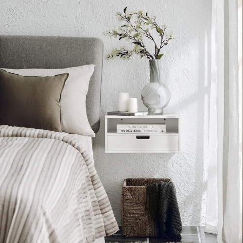 SoBuy White Floating Nightstand, Wall-Mounted Bedside Table 1