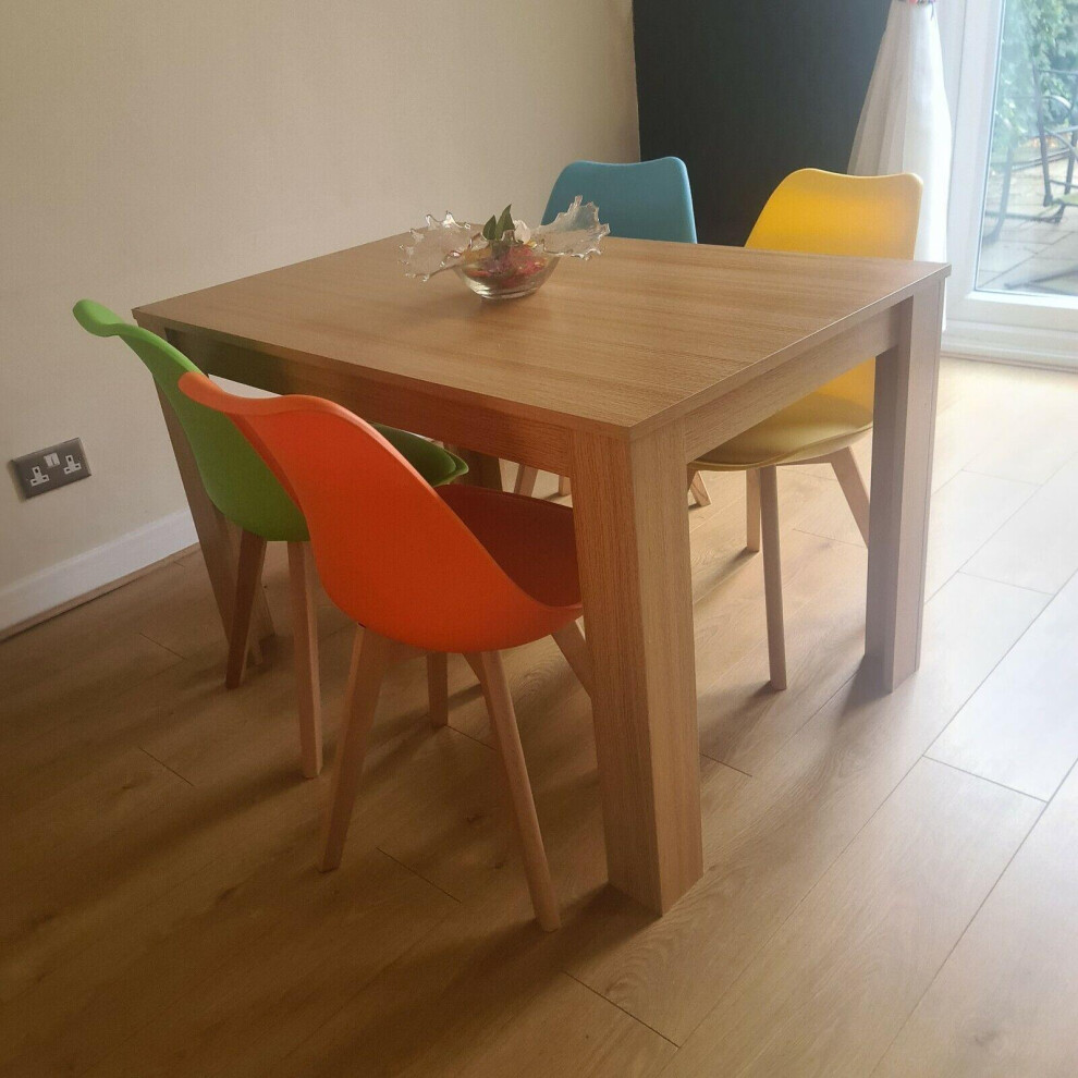 Dining Table and 4 Chairs Oak Effect Wood 4 colourful Plastic Leather Chairs Dining Room