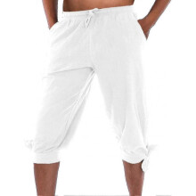 (Medium, White-short) Men's Ankle Banded Pants Medieval Viking Navigator Pirate Costume Trousers Renaissance Gothic Pants