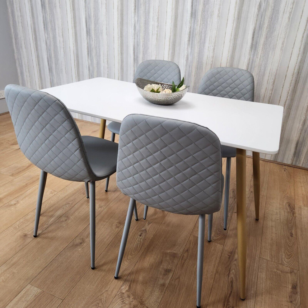 Dining Table and 4 Chairs White Wood 4 Grey Leather Chairs Dining Room