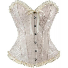 (**L, Beige) Szivyshi Women's Overbust Sweetheart Lace Up Plastic Bones Corset Bustier Top