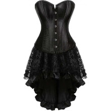 (L, Black Corset With Skirt) Szivyshi Women's Overbust Sweetheart Lace Up Plastic Bones Corset Bustier Top