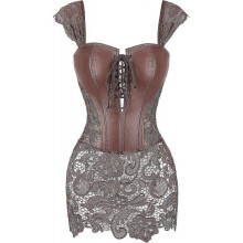 (**L, Brown fau* leather) Szivyshi Women's Overbust Sweetheart Lace Up Plastic Bones Corset Bustier Top