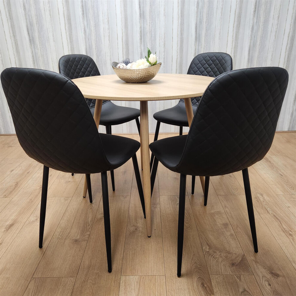Dining Table and 4 Chairs Round Wood Effect 4 Black Leather Chairs Dining Set