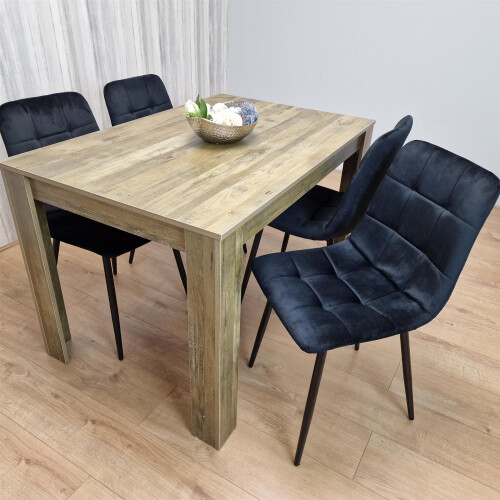 Rustic Effect Dining Table Set with 4 Black Velvet Chairs 2