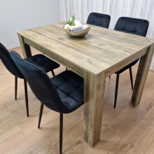 Rustic Effect Dining Table Set with 4 Black Velvet Chairs