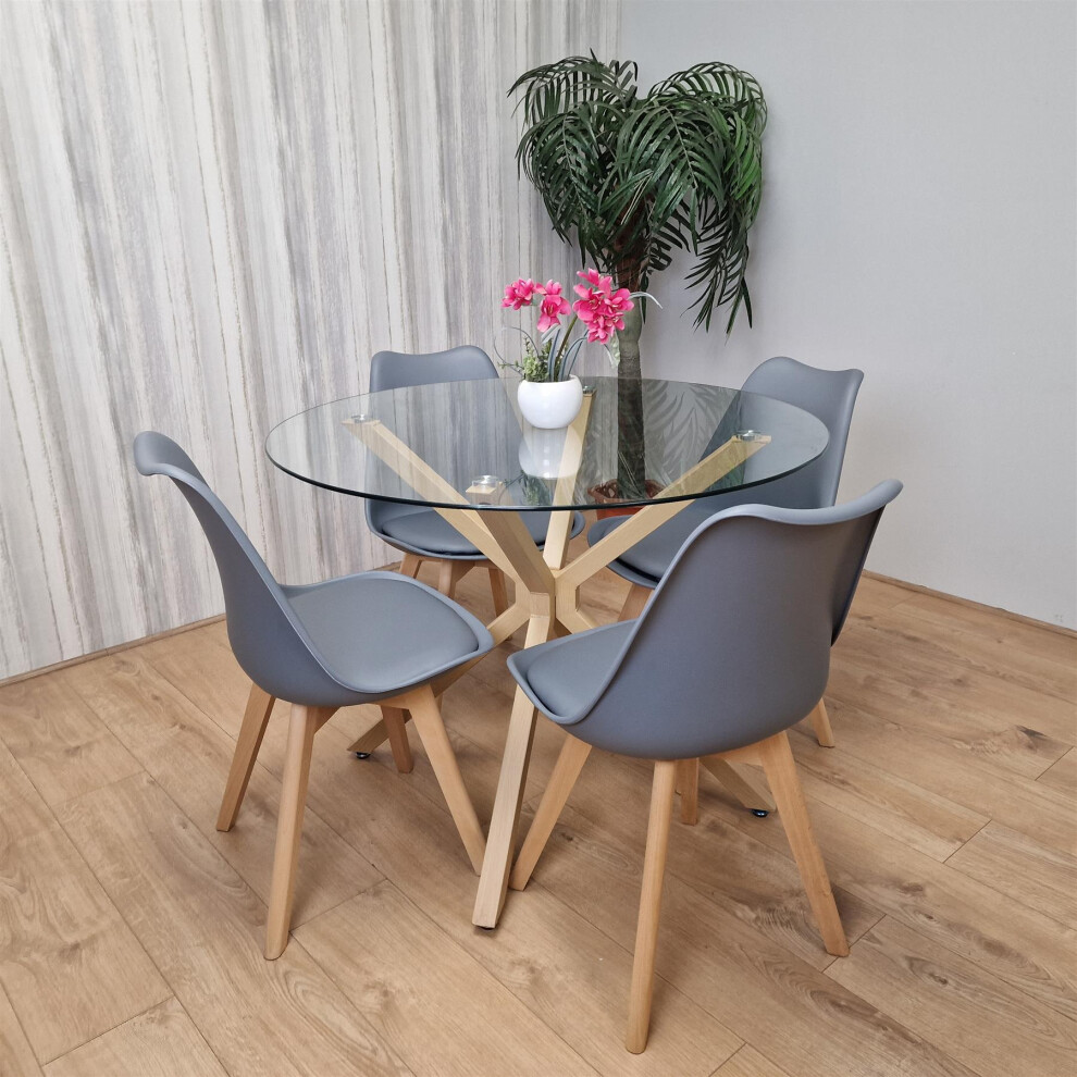 Dining Table Set with 4 Chairs Round Wood Effect Legs 4 Plastic Grey Chairs Dining Room