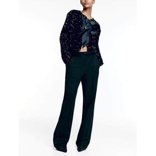 (M, Black) Black Bow Tie-front Sequin Jacket Cardigan Top Short Jacket 1