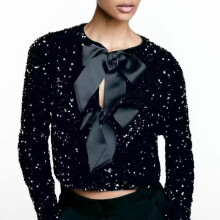 (M, Black) Black Bow Tie-front Sequin Jacket Cardigan Top Short Jacket
