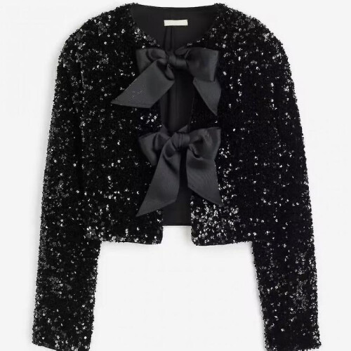 (XL, Black) Black Bow Tie-front Sequin Jacket Cardigan Top Short Jacket 2