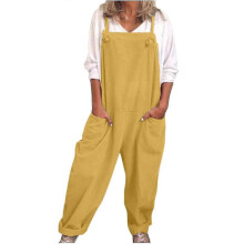(M, Yellow) Womens Overalls Casual Loose Dungarees Romper Baggy Playsuit Cotton And Linen Jumpsuit