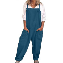 (XXXXL, Blue) Womens Overalls Casual Loose Dungarees Romper Baggy Playsuit Cotton And Linen Jumpsuit