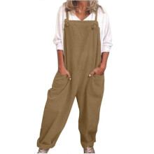 (XL, Khaki) Womens Overalls Casual Loose Dungarees Romper Baggy Playsuit Cotton And Linen Jumpsuit