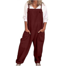 (XXL, Wine) Womens Overalls Casual Loose Dungarees Romper Baggy Playsuit Cotton And Linen Jumpsuit
