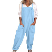 (XXXXL, Light Blue) Womens Overalls Casual Loose Dungarees Romper Baggy Playsuit Cotton And Linen Jumpsuit