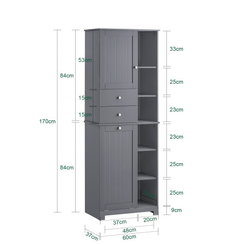 SoBuy Ντουλάπι Μπάνιου Γκρι 6 Ράφια 2 Συρτάρια 60x37x171cm 2