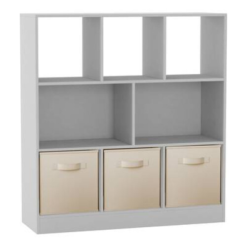 (White, Cream) Asymmetrical 8 Cube Bookcase Unit w/ 3 Drawer Inserts