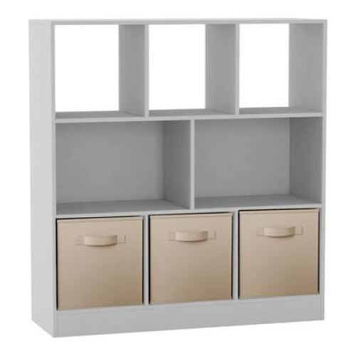 (White, Beige) Asymmetrical 8 Cube Bookcase Unit w/ 3 Drawer Inserts