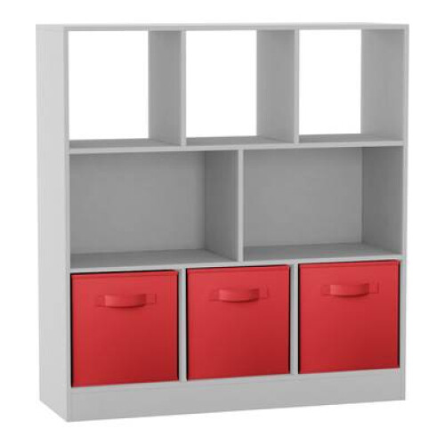 (White, Red) Asymmetrical 8 Cube Bookcase Unit w/ 3 Drawer Inserts