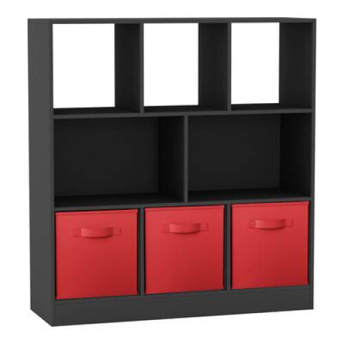 (Black, Red) Asymmetrical 8 Cube Bookcase Unit w/ 3 Drawer Inserts