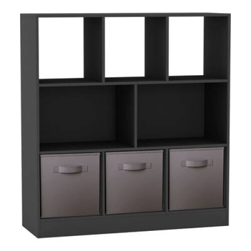 (Black, Grey) Asymmetrical 8 Cube Bookcase Unit w/ 3 Drawer Inserts
