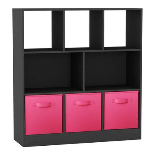 (Black, Dark Pink) Asymmetrical 8 Cube Bookcase Unit w/ 3 Drawer Inserts