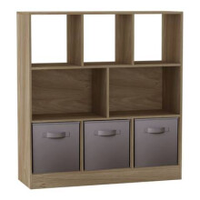 (Oak, Grey) Asymmetrical 8 Cube Bookcase Unit w/ 3 Drawer Inserts