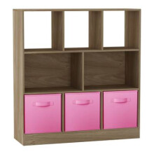 (Oak, Light Pink) Asymmetrical 8 Cube Bookcase Unit w/ 3 Drawer Inserts