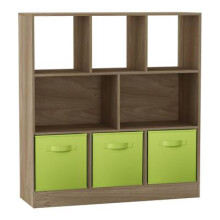 (Oak, Green) Asymmetrical 8 Cube Bookcase Unit w/ 3 Drawer Inserts