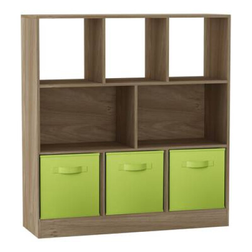 (Oak, Green) Asymmetrical 8 Cube Bookcase Unit w/ 3 Drawer Inserts