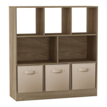 (Oak, Beige) Asymmetrical 8 Cube Bookcase Unit w/ 3 Drawer Inserts
