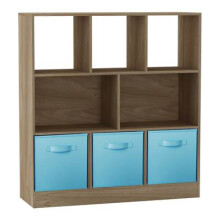 (Oak, Sky Blue) Asymmetrical 8 Cube Bookcase Unit w/ 3 Drawer Inserts