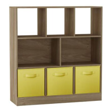 (Oak, Yellow) Asymmetrical 8 Cube Bookcase Unit w/ 3 Drawer Inserts