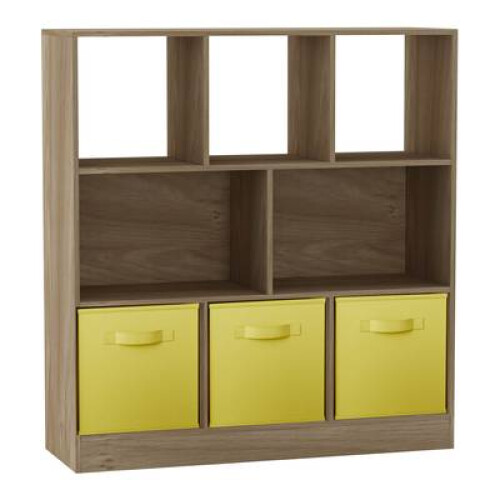 (Oak, Yellow) Asymmetrical 8 Cube Bookcase Unit w/ 3 Drawer Inserts
