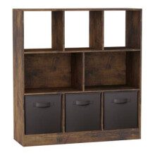 (Rustic Brown, Black) Asymmetrical 8 Cube Bookcase Unit w/ 3 Drawer Inserts