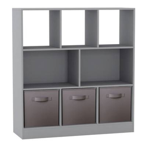 (Grey, Grey) Asymmetrical 8 Cube Bookcase Unit w/ 3 Drawer Inserts
