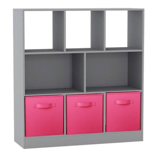 (Grey, Dark Pink) Asymmetrical 8 Cube Bookcase Unit w/ 3 Drawer Inserts