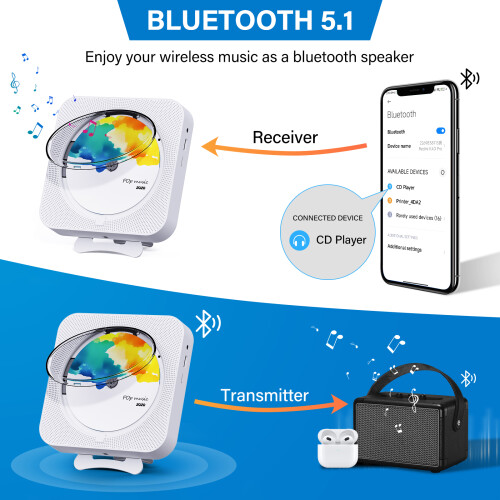 CD Player, Bluetooth Small Speaker CD Repeater, Portable Wall Mounted CD Player, Support Earphone - with Display Screen, Remote Control 1
