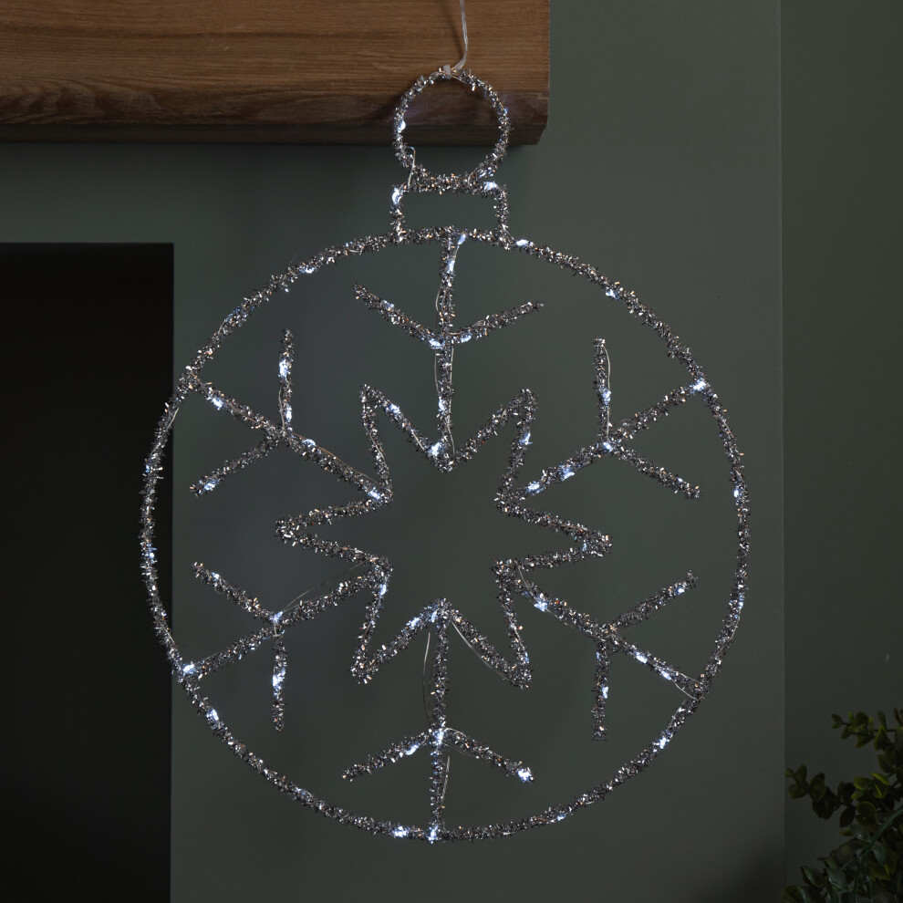 Festive 49Cm Battery Powered Light Up Silver Christmas Snowflake Ball With Twinkling Leds