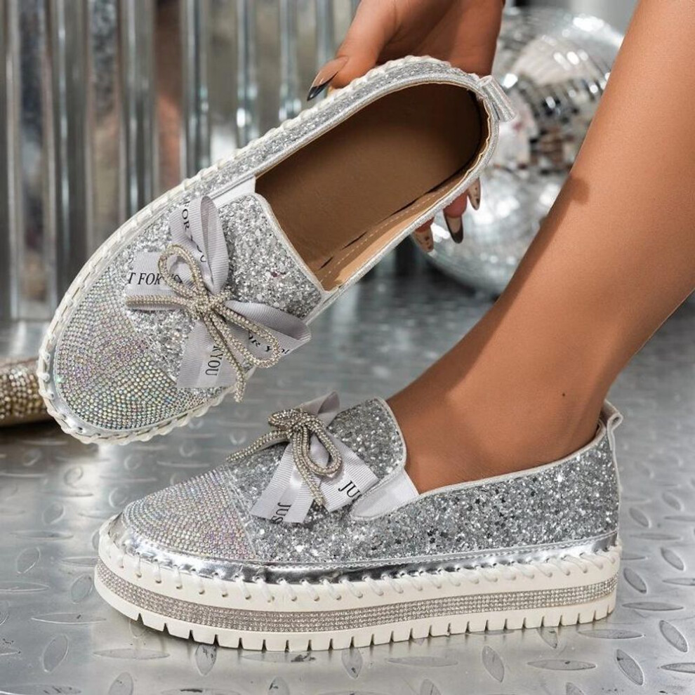(silver, 41) High Quality Fashion Slip-on Loafers Casual Women's Low Heel Shoes Round Toe Flat Platform Plus Size 35-44 Shoes For Women Heels