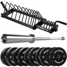 (4ft, 150kg Set) GYM MASTER Olympic Chrome Barbell With Black Bumper Plate Set and Weight Storage Rack Stand