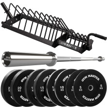 (4ft, 100kg Set) GYM MASTER Olympic Chrome Barbell With Black Bumper Plate Set and Weight Storage Rack Stand
