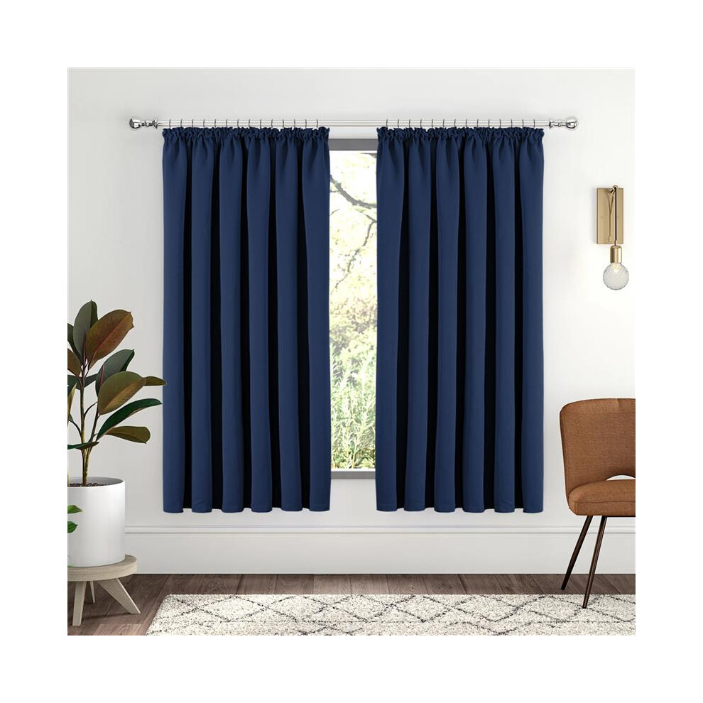 Yorkshire Bedding ( Navy, 66" X 54" Or 168Cm X 137Cm) 100% Blackout Curtains Pencil Pleat Curtain Pair With Tiebacks Blue